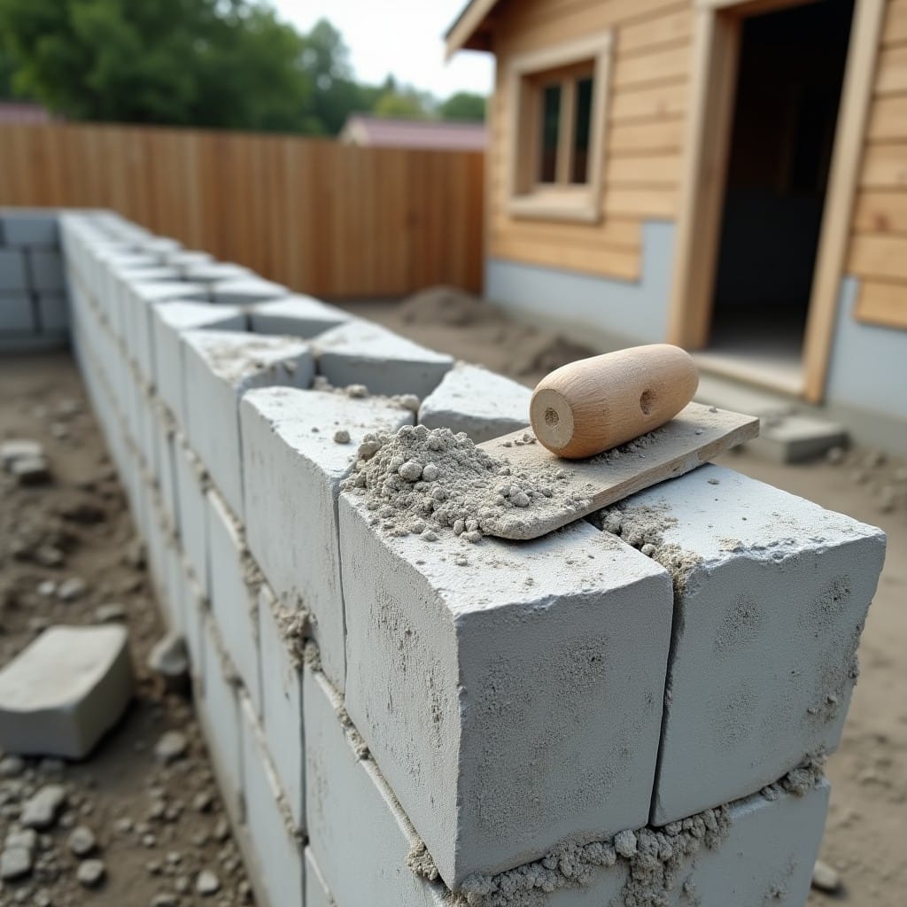 Élévation des murs en parpaings sur un chantier de gros œuvre — construction maison individuelle 2026