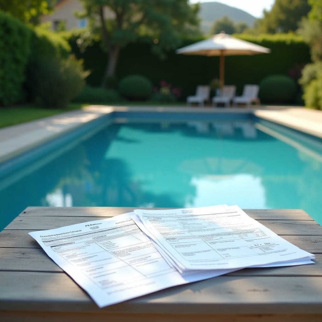 Piscine enterrée dans un jardin avec documents fiscaux — taxe foncière et permis de construire