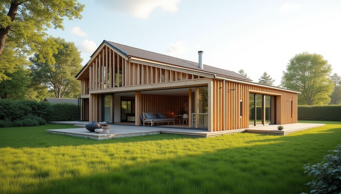 Maison préfabriquée en bois assemblée sur chantier — construction modulaire moderne 2026