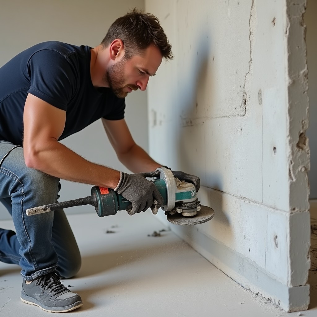 Artisan réalisant une saignée dans un mur en béton