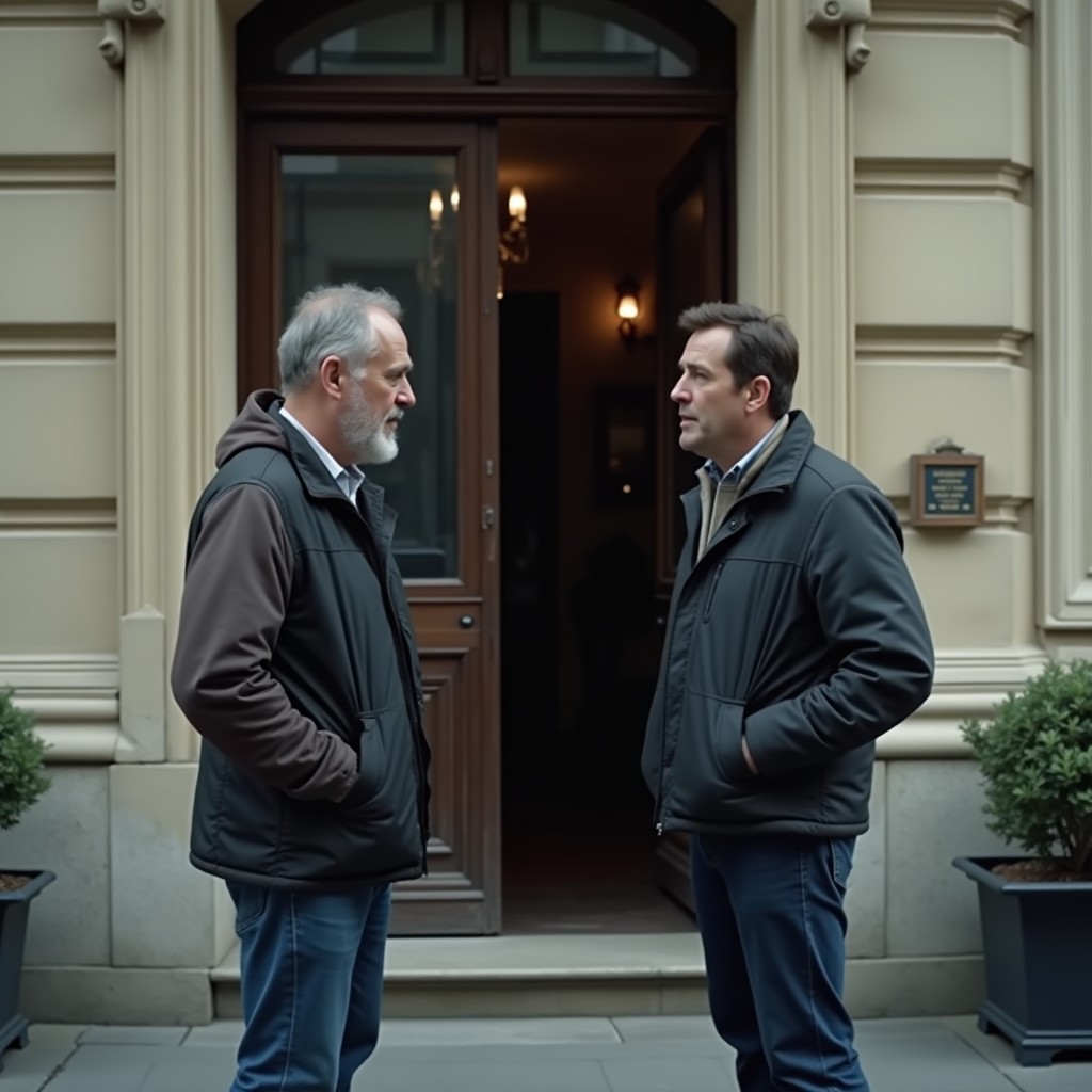 Conversation tendue entre deux voisins devant un immeuble